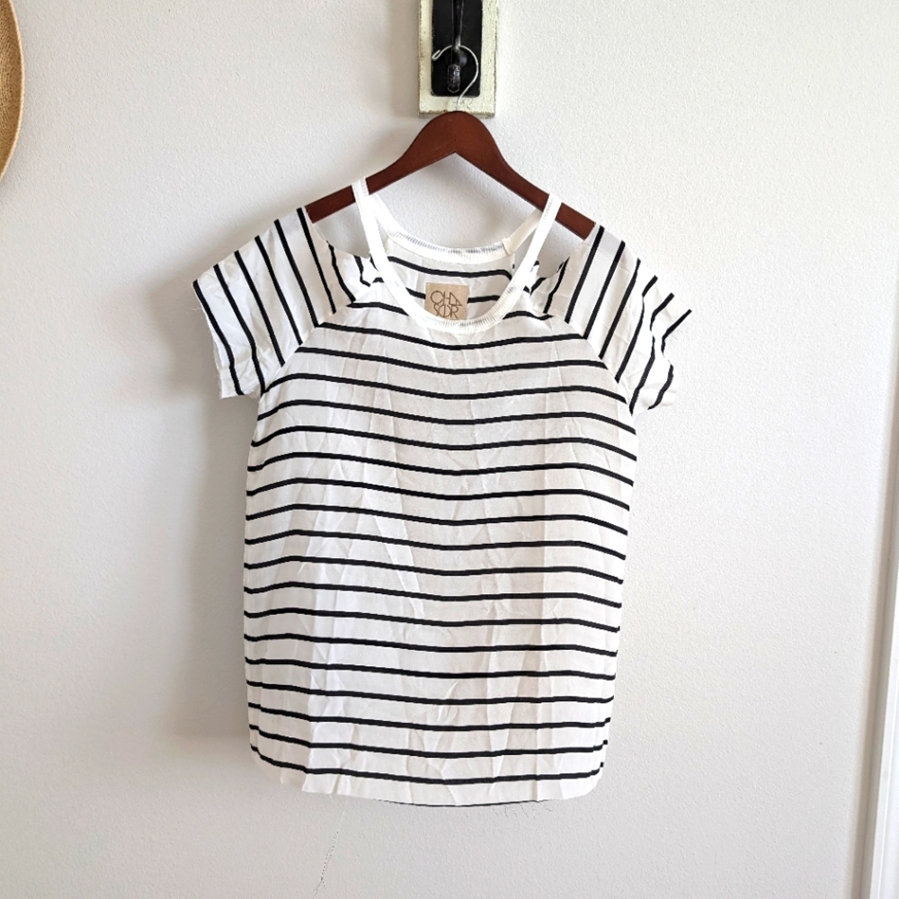 Silk Striped Chaser Tee TShirt with Shoulder Cutouts NWOT